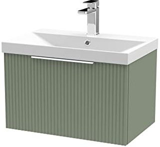 Hudson Reed DFF894D Fluted Modern Bathroom Wall Hung 1 Drawer Vanity Basin Unit with Thin-Edge Ceramic Basin, 600mm, Satin Green
