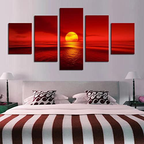 BIURKA Leinwandbild Modern Art Sonnenuntergang Rote Sonne Meer Naturlandschaft Kunstdruck - Wandbild Ölbild für Zuhause, moderne Dekoration, Dekodruck 5 Stück Kein Rahmen 50x25cm