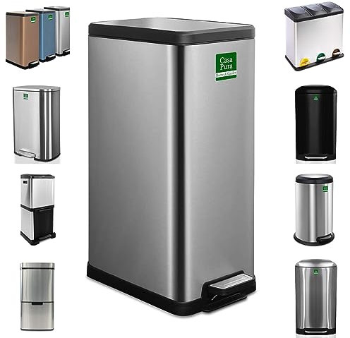 casa pura | Poubelle en acier inoxydable | Système de tri des déchets pour la cuisine - Poubelle à pédale avec poignée de transport | Zack - Acier inoxydable, 15 Litres