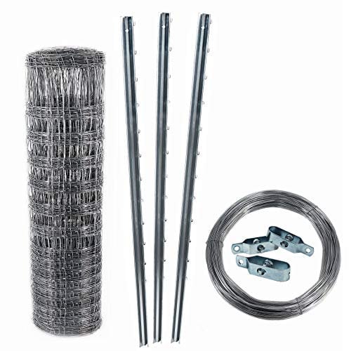 Aquagart Z-Profil Zaunpfosten Wildzaun Komplettset I 50m Knotengeflecht Zaun mit Zaunpfählen Spanndraht & Drahtspannern (50m Zaun 150/19/15 + 15 Z-Pfosten 2m+ 250m Spanndraht & 10 Spanner)