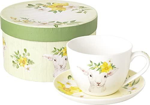 IHR - POF 985370 - Milchkaffeetasse, Lammy, Lamm, Ostern, Porzellan, Ø 12 x H 8,5 cm, Füllgutvolumen: 500 ml, Unterteller: Ø 17 x H 2,5 cm spülmaschinen - und mikrowellengeeignet