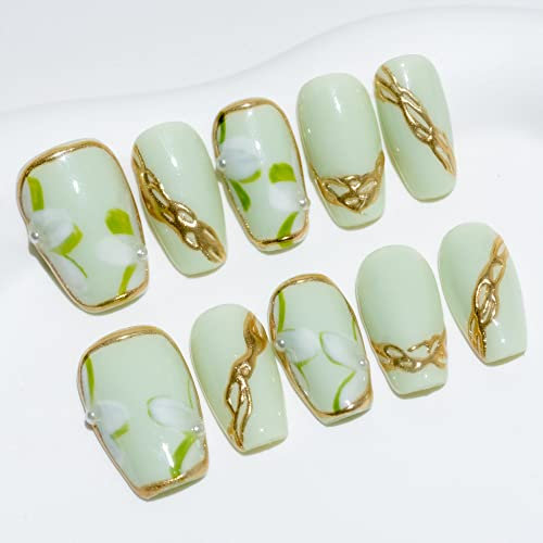 Sun&Beam Nails Handmade Press-on Short Coffin Ballerina Green Gold Hand-Painted Minimalist Japanese Design Fashion False Nail Tips 10 Pcs Set (#054 S)