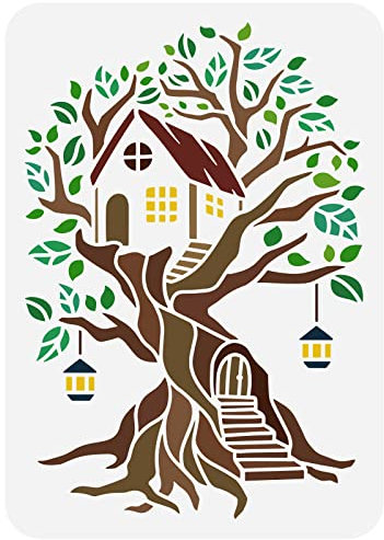 FINGERINSPIRE Baumhaus Schablone Zum Bemalen, 29.7x21 cm, Ausgehöhlter Baum Des Lebens, Wiederverwendbare Kunststoff Blockhaus Treppenhaus Laternen Bastelschablone Für Die Wand, Papier, Fotoalbum