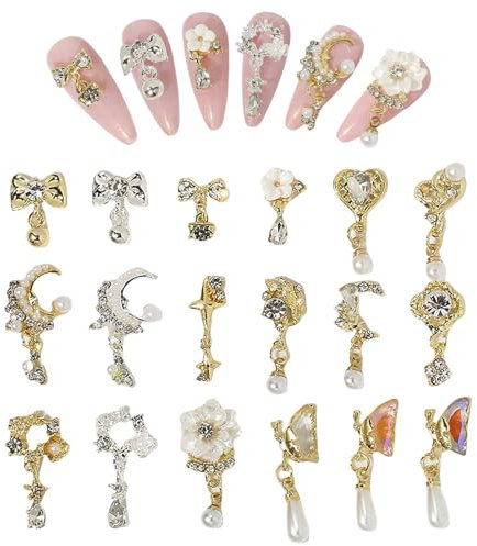Dangle Nail Charms,18PCS Luxury Heart Flower Moon Butterfly Pearl Bow Nail Gems,3D Gold Silver Alloy Metal Nail Rhinestones and Gems Nail Jewelry for Nail Art Design Decoration (Gold & Silver)