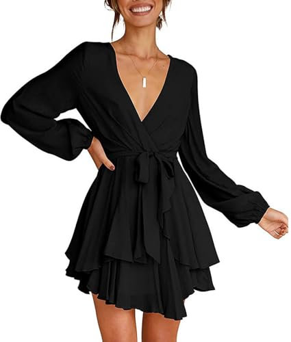 Vestito Donna Corto Mini Abito con Profondo Scollo a V Maniche Lunghe Sexy Miniabiti Swing Abito da Skater Casual Discoteca Cocktail Clubwear con Cintura