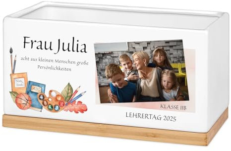Maverton Blumentopf mit Aufdruck - Pflanzentopf aus Keramik + Untersetzer aus Bambusholz - Küche Dekoration - Blumenkübel für Frauen - zum Geburtstag - zum Einzug - Weiß - Lehrertag