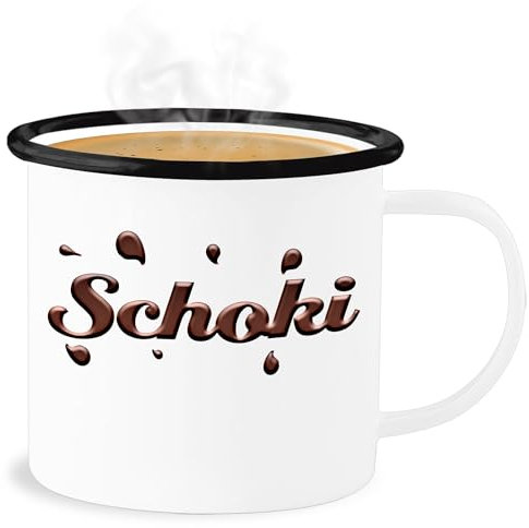 Emaille Becher Blechbecher - & Tassen - Schoki Partner Kostüm - Milky und Schoki Fasching Verledigung Karneval Schokoriegel Schokoladen Outfit Schokolade und Milch - 300 ml - Weiß Schwarz