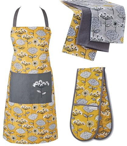 Cooksmart 5 Piece Apron, Double Oven Gloves & Tea Towels Set | Set of Aprons, Tea Towel & Oven Gloves Double Perfect For Any Kitchen | Oven Glove, Kitchen Apron & Tea Towels For Kitchen - Retro Meadow