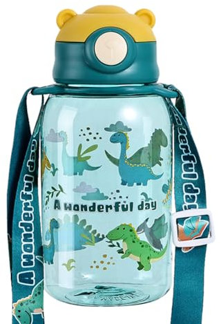 SBJJGQIS Dinosaurios Botella de Agua, 650ml, Dinosaurios Botella con Pajita Niños, con Pajita y Correa, Infantil, Escuela, Deportes, Corrida, Senderismo y Actividades al Aire-verde