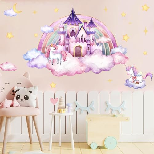 HSDSH Wandtattoo Einhorn Regenbogen Groß Wandaufkleber Schloss Wolken Stern Mädchen Wandsticker Wanddeko für Kinderzimmer Babyzimmer Mädchenzimmer Schlafzimmer