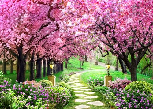 CORFOTO 10x8ft Spring Garden Backdrop Cherry Blossom Tree Photography Background Contryard Backdrop Spring Scenery Green Grass Floral Background Wedding Birthday Party Photo Booth