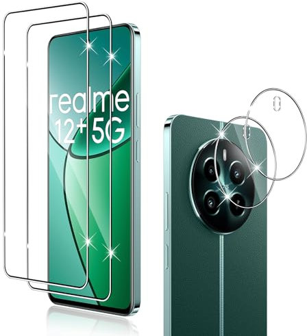 Holilo Para Realme 12+ 5G/Realme 12 Plus 5G/Realme 12 4G [2+2 Piezas] Protector de Pantalla Cristal Templado + Protector cámara, 9H Dureza Vidrio Templado Anti-Arañazos Sin Burbujas Screen Protector