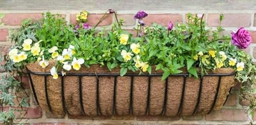 Aggloz | 60cm Wall Hanging Flower Plant with Coco Liner Metal Iron Vase Bucket Planter for Railing Fence Balcony Garden Home Decoration Flower Holders with Detachable Coco, Black