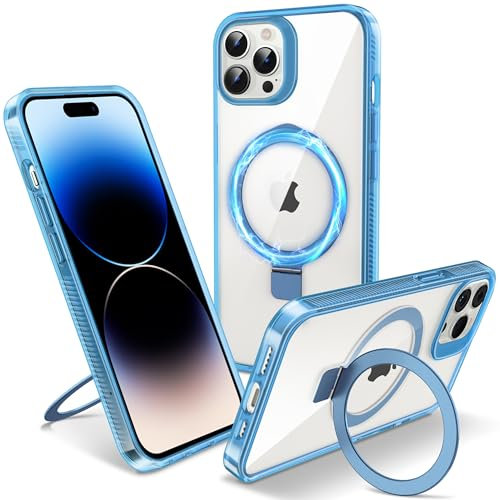 Flyzoo Magnetic Kickstand Case for iPhone 14 Pro, [Compatible with MagSafe & Invisible Ring Stand Holder] [Non-Yellowing & Shockproof] Clear Transparent Hard Silicone Edge Cover, 6.1'', Clear Blue