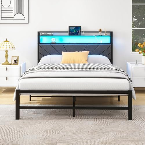 VERFARM 4ft6 Double Size Bed Frame with LED Lights Storage Upholstered Headboard and Charging Station, Heavy Duty Metal Platform Double Bed Frame, No Box Spring Needed, Noise Free, Easy Assembly
