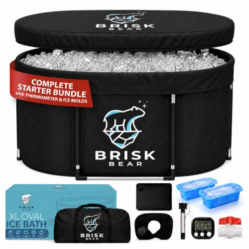 XL Oval Ice Bath Tub for Athletes with Cover by Brisk Bear - Extra Large Cold Plunge Tub for Recovery - Ice Bath Plunge Pool with Digital Timer - Cold Plunge to Soothe Muscles - Black Ice Tub