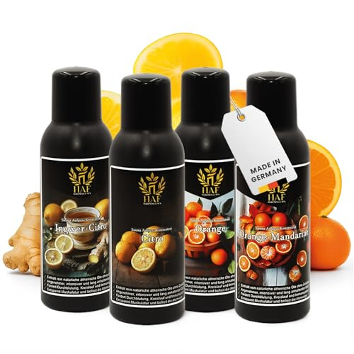 HAF Saunaaufguss Set „Zitrusfrüchte“ - 4 x 250ml Sauna Aufgussmittel Citro, Ingwer-Citro, Orange, Orange Mandarine - Saunaduft mit natürlichen ätherischen Ölen & ohne Zusätze