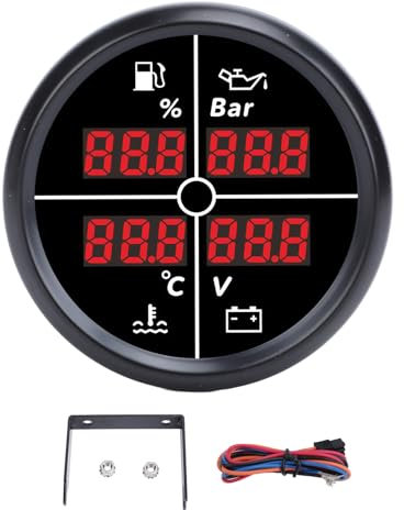 Boat 52mm 4 in 1 Multifunctional Digital Display Gauge Fuel Level Oil Pressure Water Temperature Voltmeter with Backlight (81000330 Black Bezel Black Dial)