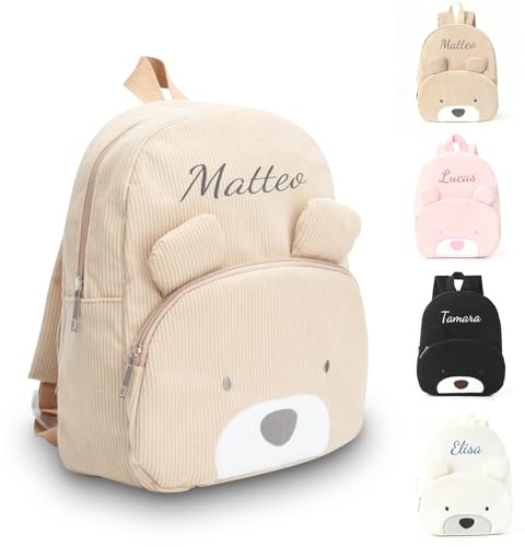 Générique Sac Personnalisable Enfant, Brodé Sac a Dos Enfant Avec Nom, Velours Côtelé Sac a Dos Bebe Fille Et Garcon Ours Sac Dos Maternelle Pour L'école Et Les Voyages 24cm × 31cm (Kaki)