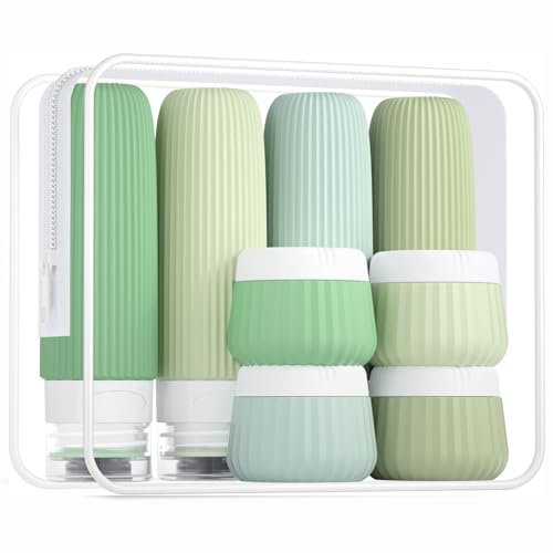 Gemice 8pc Travel Size Toiletries Set - TSA Approved, Leak Proof, Wide Opening, Portable Silicone Squeezable Bottles & Cream Jars with Clear Bag