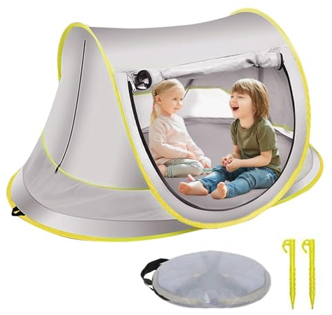 Strandmuschel Pop Up mit UV Schutz 50+, Strandmuschel Baby Kleinkinder Strandzelt, 140x95x60cm Tragbar Extra Light Sonnenschutz Windschutz Strand Zelt für Picknick Garten Reise mit Tragetasche, Grau