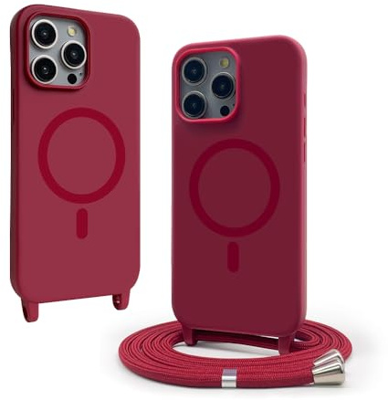 VAVAVOOMY Handykette Hülle für iPhone 15 Pro(6.1) mit Band Halsband Lanyard (abnehmbar) Handyhülle, Verstellbarer Lanyard.Magnetisch Stoßfest Silikonhülle Wireless Charging kompatibel .-Rot