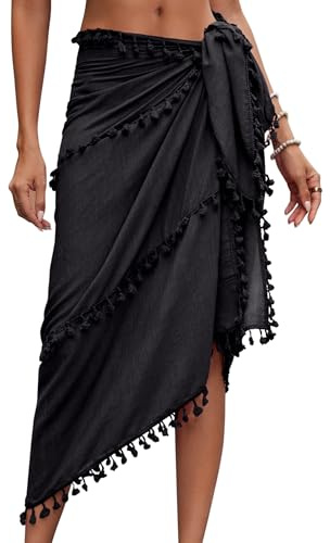 Eicolorte Beach Sarong Pareo Womens Semi-Sheer Swimwear Cover Ups Short Skirt with Tassels, B-black, One Size
