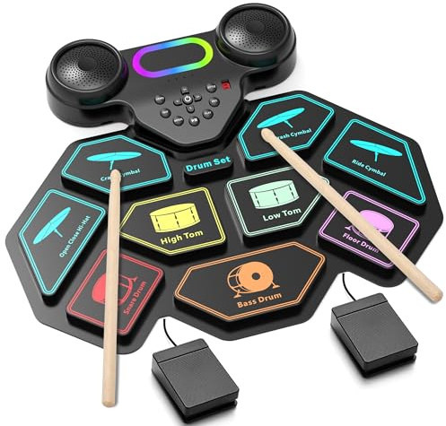 Muornos Electronic Drum Kit, 9 Pads, Roll Up Drum Pad, Electric Drum Kit with Headphone Jack, Built-in Speaker Sticks, Foot Pedals, Great Christmas and