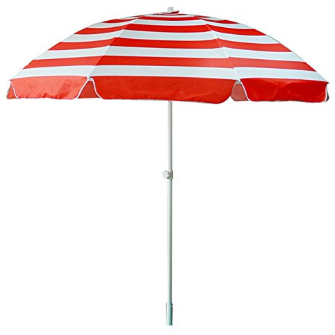 CRBUDY Parasol de Plage Rond de 220 cm (7,2 pi) avec 8 Baleines et mât en Fer, Protection Solaire UV50 + pour café, Piscine et Balcon (Rayures Rouges)