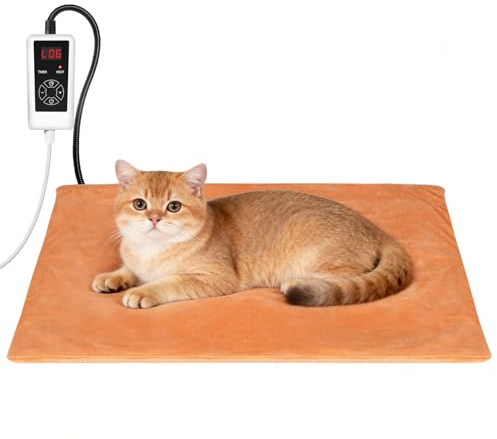 RIOGOO Pet Heating Pad, Electric Heating Pad for Dogs and Cats with Timer, 6 Level Adjustable Temperature Dog Heated Blanket (Brown, S: 20‘’x15‘’)