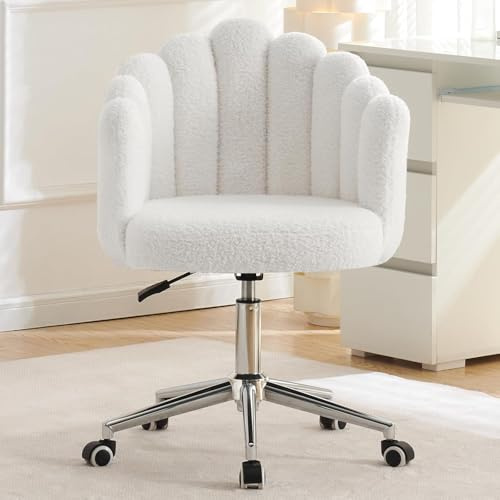 TRIOBLADE Boucle Desk Vanity Chair with Wheels with Thick Padded 360°Swivel Dressing Table Makeup Accent Chairs with Adjustable Height for Bedrooms Office Living Room Nail Women Girls (White)