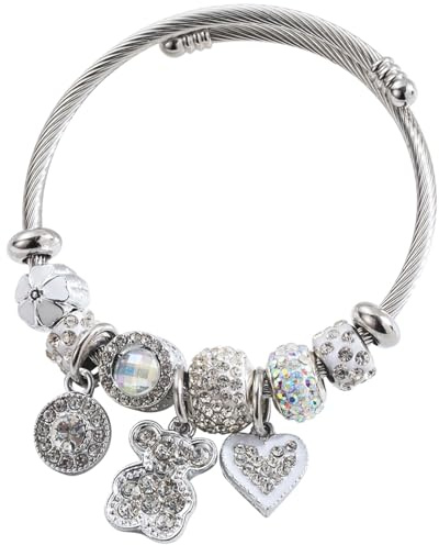 Bracelet amitié fille à breloques, bracelet charms en acier inoxydable avec perles et pendentifs cœur et ours, bijou enfant, accessoires réglable pour ado fille, cadeau anniversaire et amitié