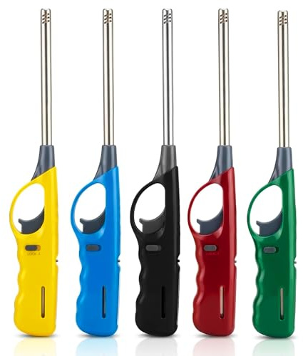 Pack of 5 Long Reach BBQ Lighter Refillable Gas Lighter Windproof Adjustable Flame Kitchen Candle Hob Grill Fireplace Camping Lighter with Safety Lock Assorted Colours