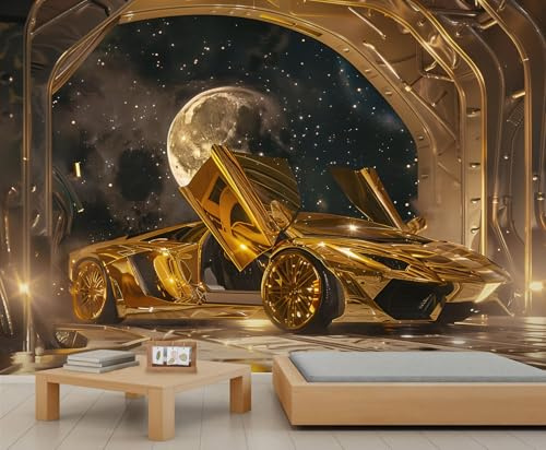 Gold Sports Car Murals Space Cosmic Sky Wallpaper Moon Wallpaper for Kids Room Luxury Wall Paper for Bedroom Poster Mural Living Room Dining Room Decor 300X210cm