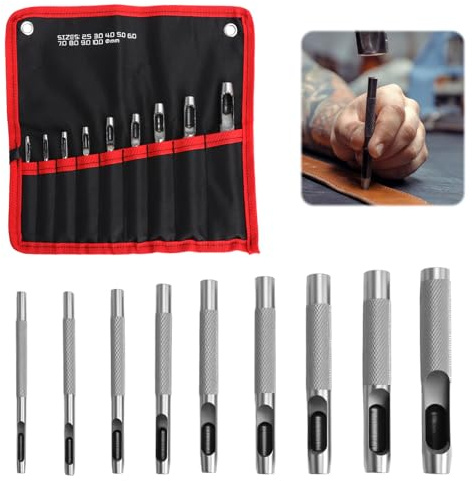 Set de 9 punzones perforados de 2,5–10 mm – Perforador y punzón de cuero preciso de acero de alta calidad, punzón perforado con bolsa de tela, cortes limpios para cinturones, zapatos, bolsos, tela y