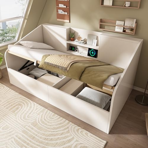 Zravenna Massivholz Tagesbett 90x190 cm mit Bettkasten und 2 Ablagen am Rückwand, Versteckter Stauraum unter dem Bett, Gästebett Einzelbett Holzbett mit Lattenrost, ohne Matratze (Weiß, 90cm*190cm)