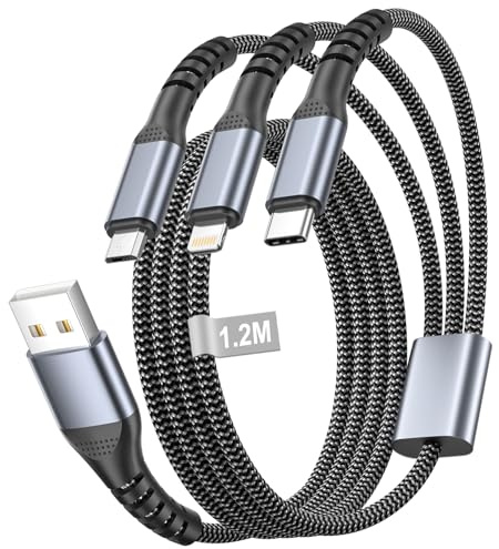 Multi Charger Cable 1.2M, 3 in 1 Fast Charging Cable Phone Multiple Charger Wire USB Lead with Lightning+USB C+Micro Connector for iPhone Air 17 16 15 14 13,iPad,Samsung,Huawei,Xiaomi,Sony,LG,PS5-Red