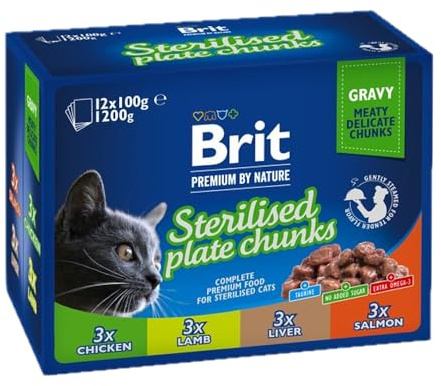 Brit Premium Nassfutter für sterilisierte Katzen, Multipack, 12 x 100 g | Multipack für sterilisierte Katzen, 4 Sorten, gut verträglich, zarte Filets in Soße, fördert Flüssigkeitszufuhr, ausgewogen