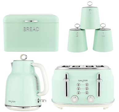 Salter Retro Green Kitchen Set – 4-Piece Canister Set, 1.7L Kettle & 4-Slice Toaster, Vintage Design, Bread Bin, Tea Coffee Sugar Storage, Rapid Boil, Wide Slots, 6 Browning Levels, 1630W