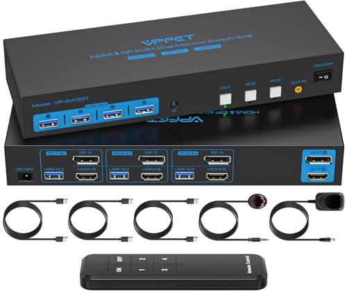 8K@60Hz HDMI Displayport KVM Switch 2 Monitors 3 Computers 4K@120Hz | Dual Monitor KVM Switches Triple computers share 4 USB 3.0 port Include DC12V adapter desktop controller and 2 USB 3.0 cables