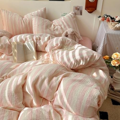 Doppelte Musselin Bettwäsche 135x200 Baumwolle Kinder Gestreift Rosa Weiß | Baumwollbettwäsche Set, Mädchen, Rosa Streifen, 100% Baumwolle, ÖKO-TEX, Kissenbezug 80x80 cm, Aesthetic, Reißverschluss