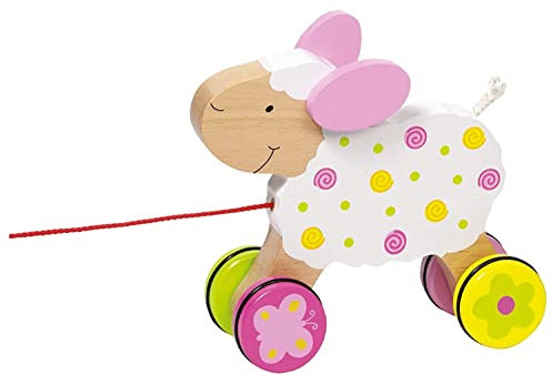 goki 54932 Ziehtier Schaf Suse Susibelle aus Holz, Nachzieh-Spielzeug mit Tiermotiv, Lernspielzeug inklusive Schnur, Babyspielzeug fördert Koordination und Motorik, 17cm x 5cm x 14cm, ab 1 Jahr