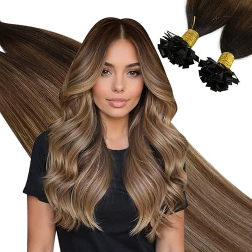 Ugeat Echthaar Extensions Bondings Flat Bonding Extensions Echthaar Bonding Braun Ombre 40cm Keratin Bondings Echthaar Dunkelbraun bis Mittelbraun Ombre Dunkelblond 50 Gramm 50 Strähnen