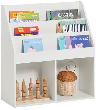 SoBuy Kids Bookshelf and Toy Storage Unit with 3 Tiers and 2 Storage Partitions Children's Bookcase for Nursery Toddler Room Baby Book Shelf Kids Book Storage White 73x30x80 cm KMB01-W