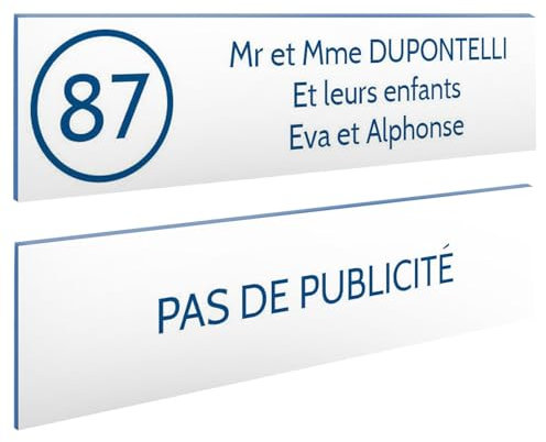 DECOHO - Plaque Boite aux Lettres Personnalisable - Lot de 2 plaques adhésives en Plastique Blanc Bleu - Format 100x25 mm - Gravure Laser - Blanc
