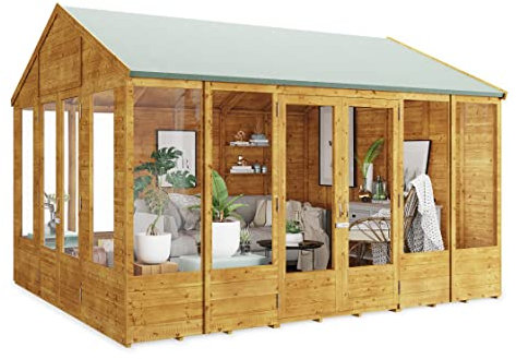 BillyOh Tessa 12x10 Log Cabin Summer House Shed – Spray Treated Wooden Garden Room with Dual Entrance, Wide Double Doors, Tongue and Groove Construction | Versatile Tiny Home for Garden Office