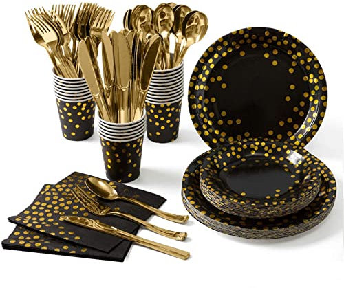 ZIMAIC 141pcs Kit Vaisselles réutilisable Anniversaire Assiette Dîner Papier Tasse Serviette Nappe Couteau Fourchette Cuillère, Enfants Party Fête Mariages Baby Shower Noël, 20 invités (Noir Or)