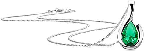Orovi Schmuck Damen Halskette Weißgold mit Tropfen Kettenanhänger Edelstein/Geburtsstein Mai grüner Smaragd Kette aus 9 Karat (375) Gold