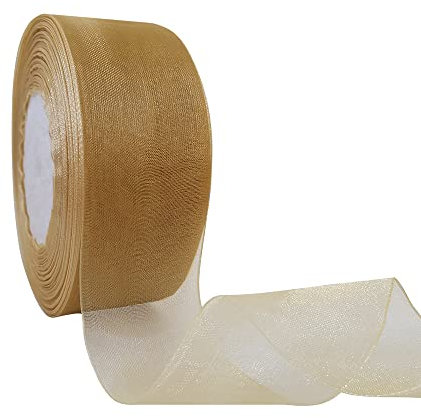 Dishaur Christmas Organza Ribbon for Gift Wrapping 38mm x 45m, Gold Sheer Organza Ribbon for Xmas Tree, Bows and Crafting