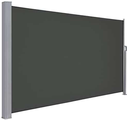LARMNEE Seitenmarkise mit Stahl-Kasten, 180 x 300 cm, Markise ausziehbar, Sonnenschutz, Seitenrollo, Blickdicht, für Garten, Terrasse, Balkon, Dunkelgrau EGY183TBP02